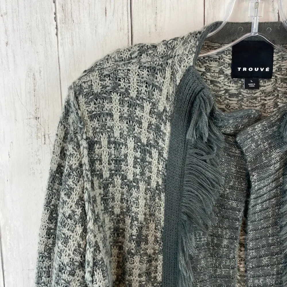 Trouve Gray Acrylic Knit Fringe Trim Long Cardigan Duster Sweater Size Large